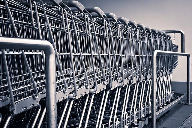 Grocery carts ready for shopping on a budget.